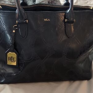 Lauren Ralph Lauren (LRL) black patent leather satchel Purse Equestrian Pattern